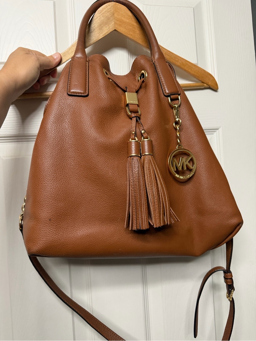 Michael Kors Cognac Leather Tassel Drawstring Shoulder Bag